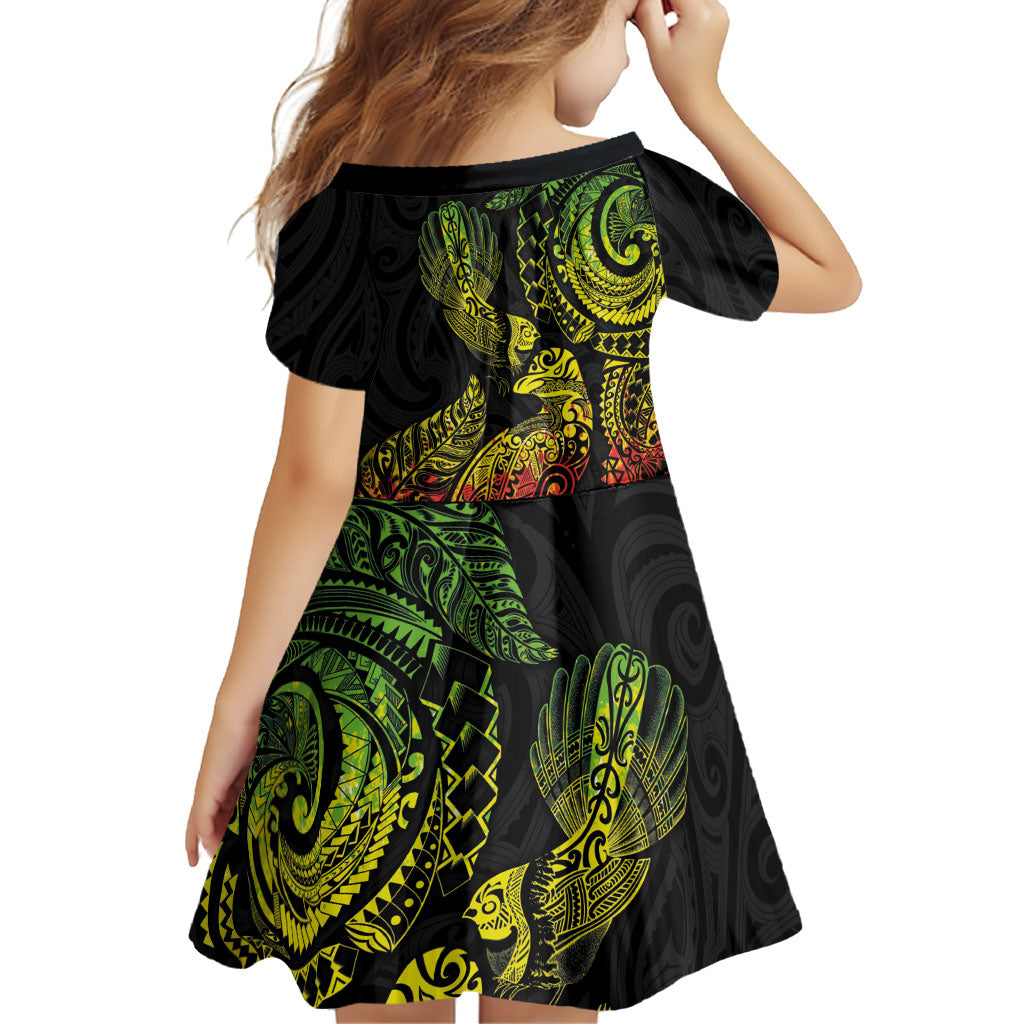 Aotearoa Moko Tribal Tattoo Family Matching Off Shoulder Maxi Dress and Hawaiian Shirt New Zealand Maori Penguin and Fantail Reggae Style LT03 - Polynesian Pride