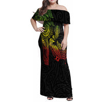 Aotearoa Moko Tribal Tattoo Family Matching Off Shoulder Maxi Dress and Hawaiian Shirt New Zealand Maori Penguin and Fantail Reggae Style LT03 Mom's Dress Multicolor - Polynesian Pride
