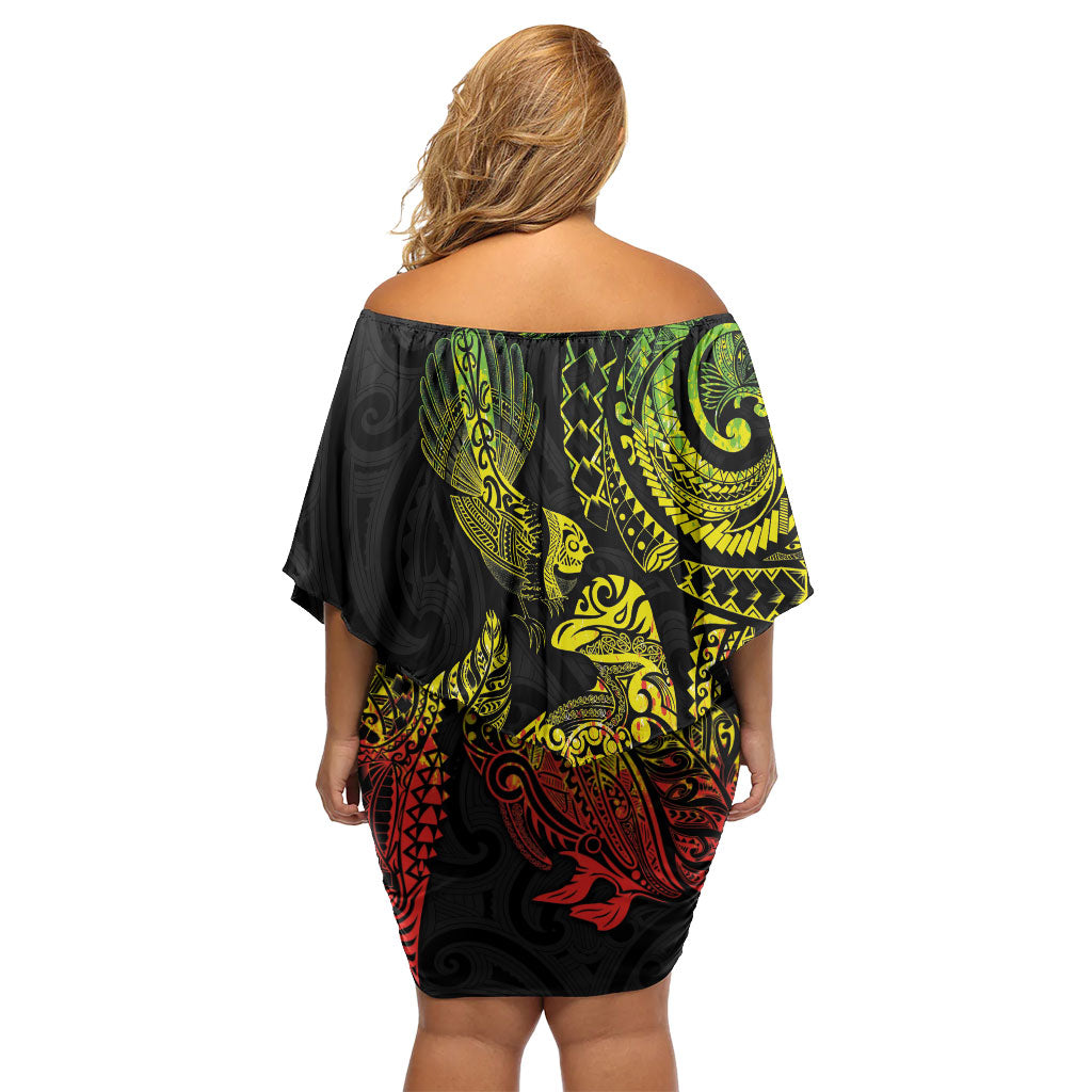 Aotearoa Moko Tribal Tattoo Family Matching Off Shoulder Short Dress and Hawaiian Shirt New Zealand Maori Penguin and Fantail Reggae Style LT03 - Polynesian Pride