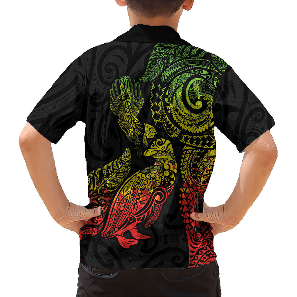 Aotearoa Moko Tribal Tattoo Family Matching Short Sleeve Bodycon Dress and Hawaiian Shirt New Zealand Maori Penguin and Fantail Reggae Style LT03 - Polynesian Pride