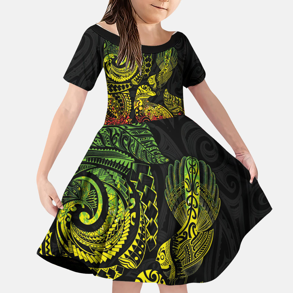 Aotearoa Moko Tribal Tattoo Family Matching Tank Maxi Dress and Hawaiian Shirt New Zealand Maori Penguin and Fantail Reggae Style LT03 Daughter's Dress Multicolor - Polynesian Pride