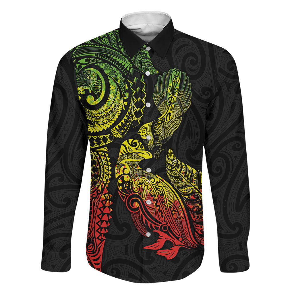 Aotearoa Moko Tribal Tattoo Family Matching Tank Maxi Dress and Hawaiian Shirt New Zealand Maori Penguin and Fantail Reggae Style LT03 Dad's Shirt - Long Sleeve Multicolor - Polynesian Pride