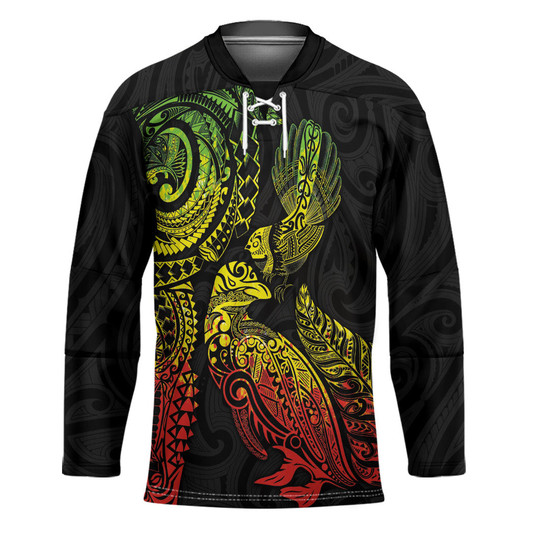 Aotearoa Moko Tribal Tattoo Hockey Jersey New Zealand Maori Penguin and Fantail Reggae Style