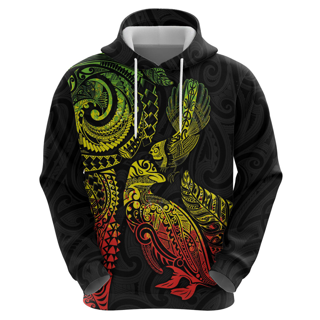 Aotearoa Moko Tribal Tattoo Hoodie New Zealand Maori Penguin and Fantail Reggae Style LT03 - Polynesian Pride