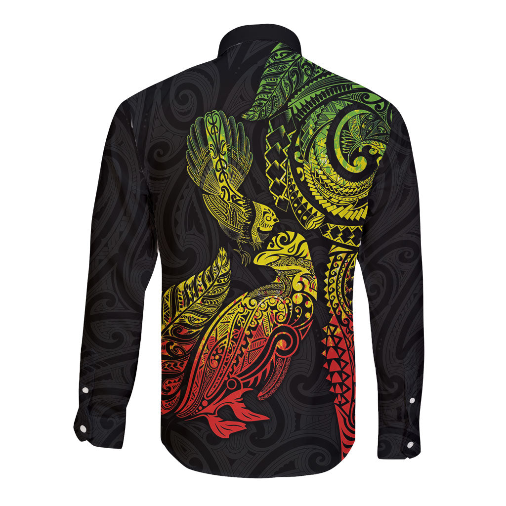 Aotearoa Moko Tribal Tattoo Long Sleeve Button Shirt New Zealand Maori Penguin and Fantail Reggae Style