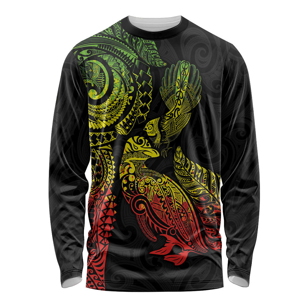 Aotearoa Moko Tribal Tattoo Long Sleeve Shirt New Zealand Maori Penguin and Fantail Reggae Style