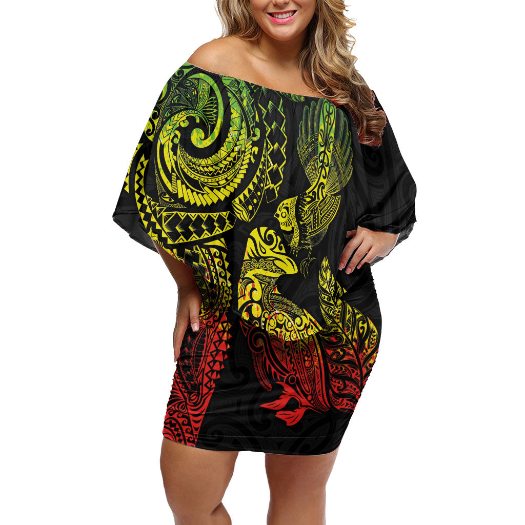 Aotearoa Moko Tribal Tattoo Off Shoulder Short Dress New Zealand Maori Penguin and Fantail Reggae Style
