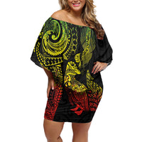 Aotearoa Moko Tribal Tattoo Off Shoulder Short Dress New Zealand Maori Penguin and Fantail Reggae Style LT03 Women Multicolor - Polynesian Pride
