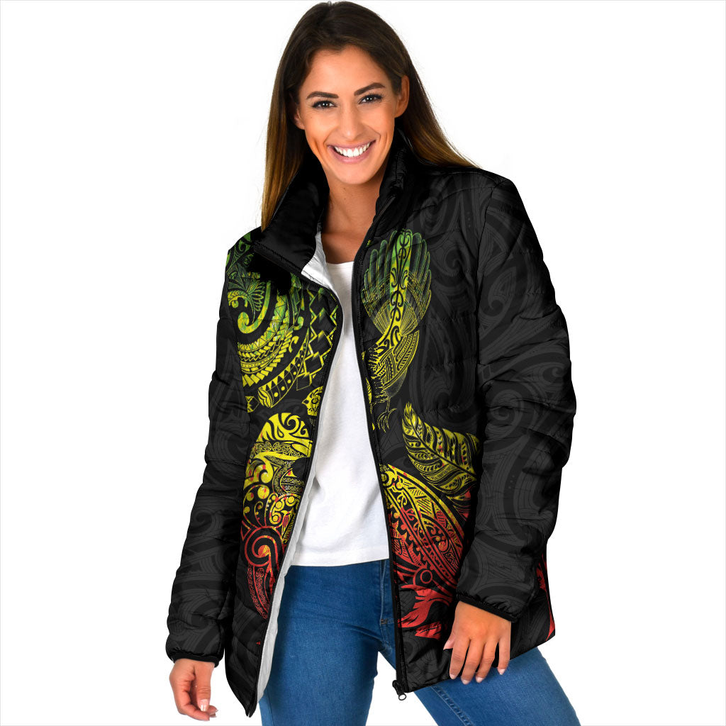 Aotearoa Moko Tribal Tattoo Padded Jacket New Zealand Maori Penguin and Fantail Reggae Style LT03 Women Multicolor - Polynesian Pride