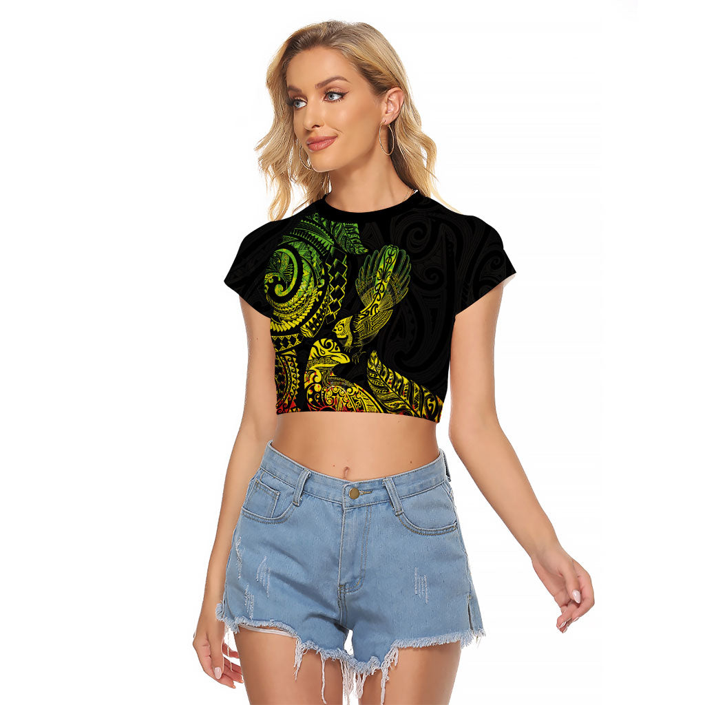 Aotearoa Moko Tribal Tattoo Raglan Cropped T Shirt New Zealand Maori Penguin and Fantail Reggae Style