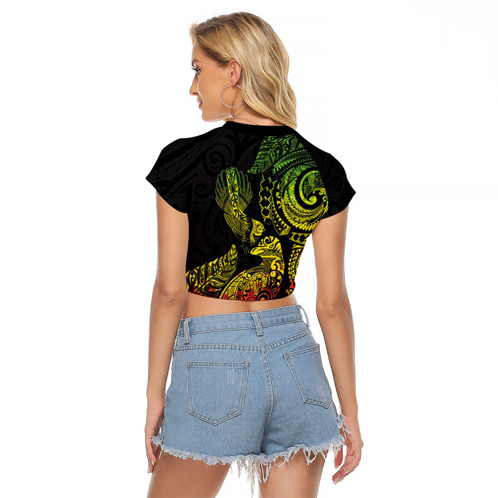 Aotearoa Moko Tribal Tattoo Raglan Cropped T Shirt New Zealand Maori Penguin and Fantail Reggae Style LT03 - Polynesian Pride