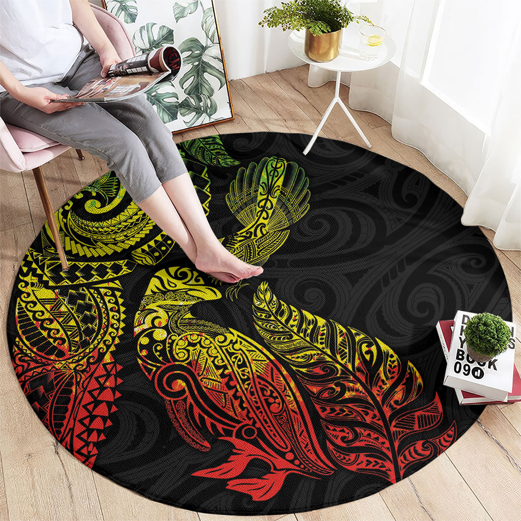 Aotearoa Moko Tribal Tattoo Round Carpet New Zealand Maori Penguin and Fantail Reggae Style