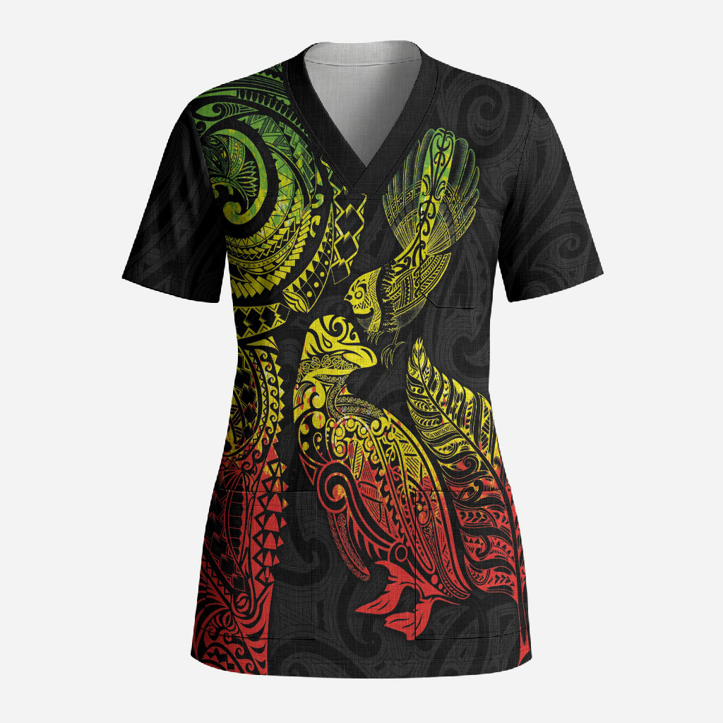 Aotearoa Moko Tribal Tattoo Scrub Top New Zealand Maori Penguin and Fantail Reggae Style