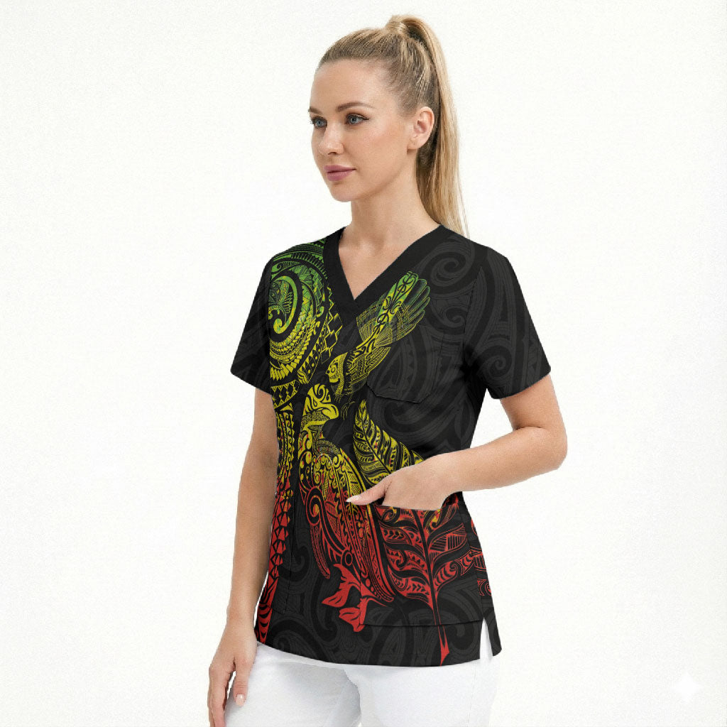 Aotearoa Moko Tribal Tattoo Scrub Top New Zealand Maori Penguin and Fantail Reggae Style LT03 - Polynesian Pride
