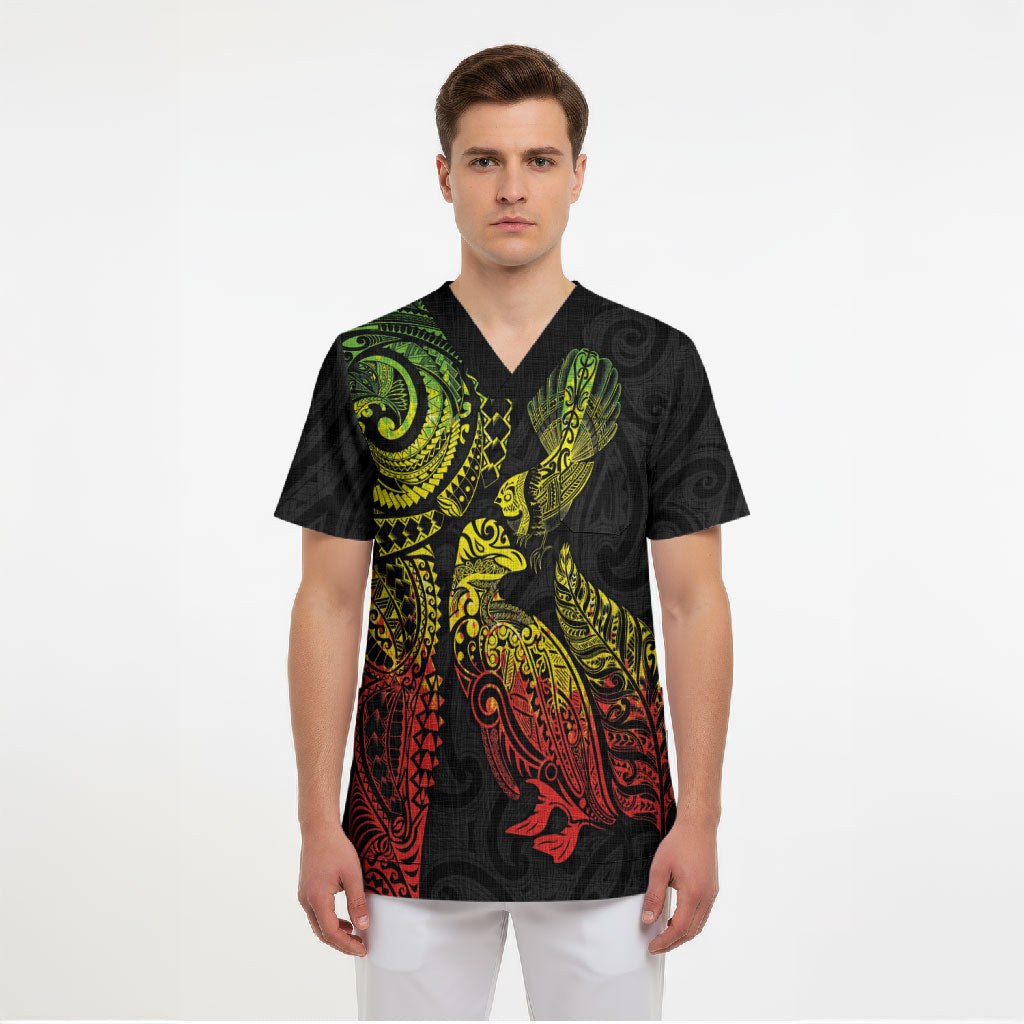 Aotearoa Moko Tribal Tattoo Scrub Top New Zealand Maori Penguin and Fantail Reggae Style LT03 - Polynesian Pride