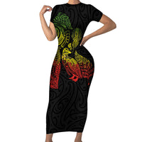 Aotearoa Moko Tribal Tattoo Short Sleeve Bodycon Dress New Zealand Maori Penguin and Fantail Reggae Style