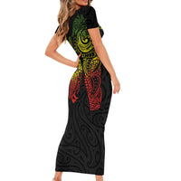 Aotearoa Moko Tribal Tattoo Short Sleeve Bodycon Dress New Zealand Maori Penguin and Fantail Reggae Style
