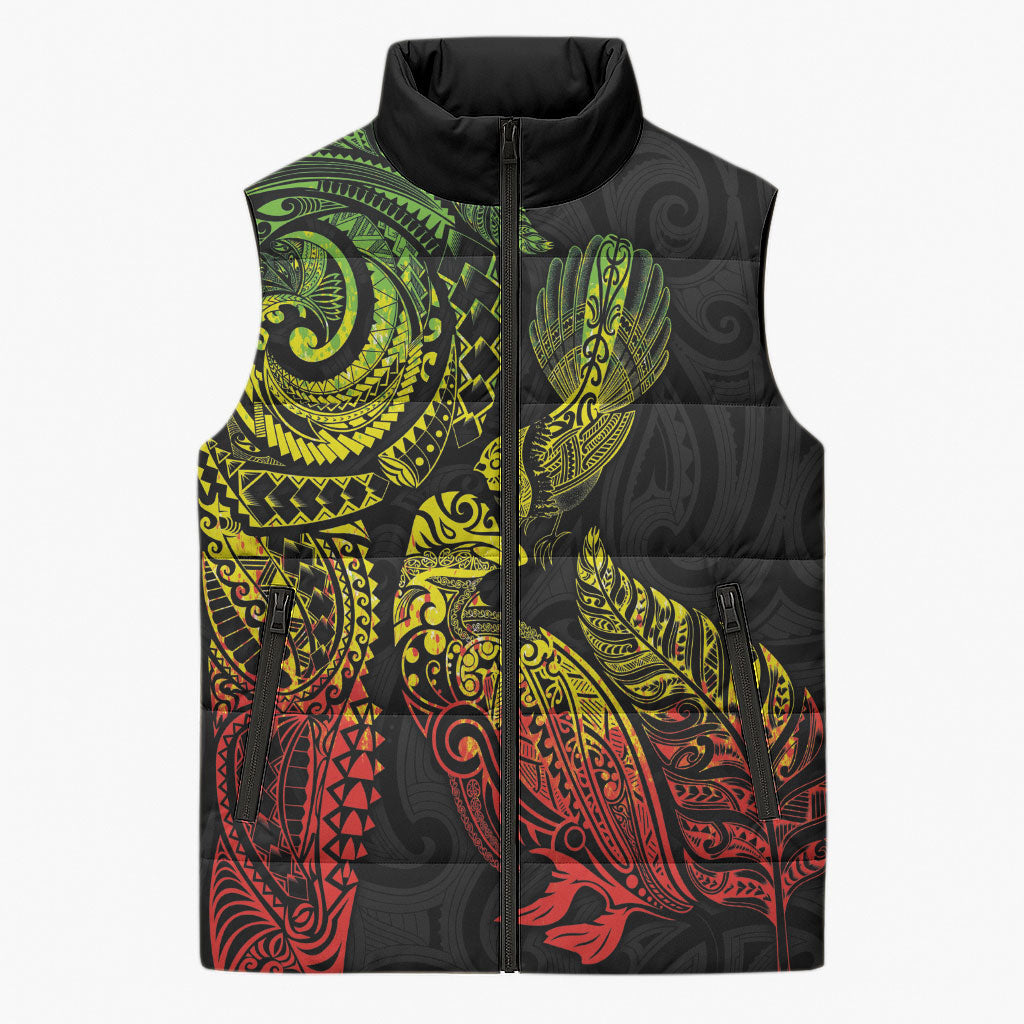 Aotearoa Moko Tribal Tattoo Sleeveless Puffer Jacket New Zealand Maori Penguin and Fantail Reggae Style