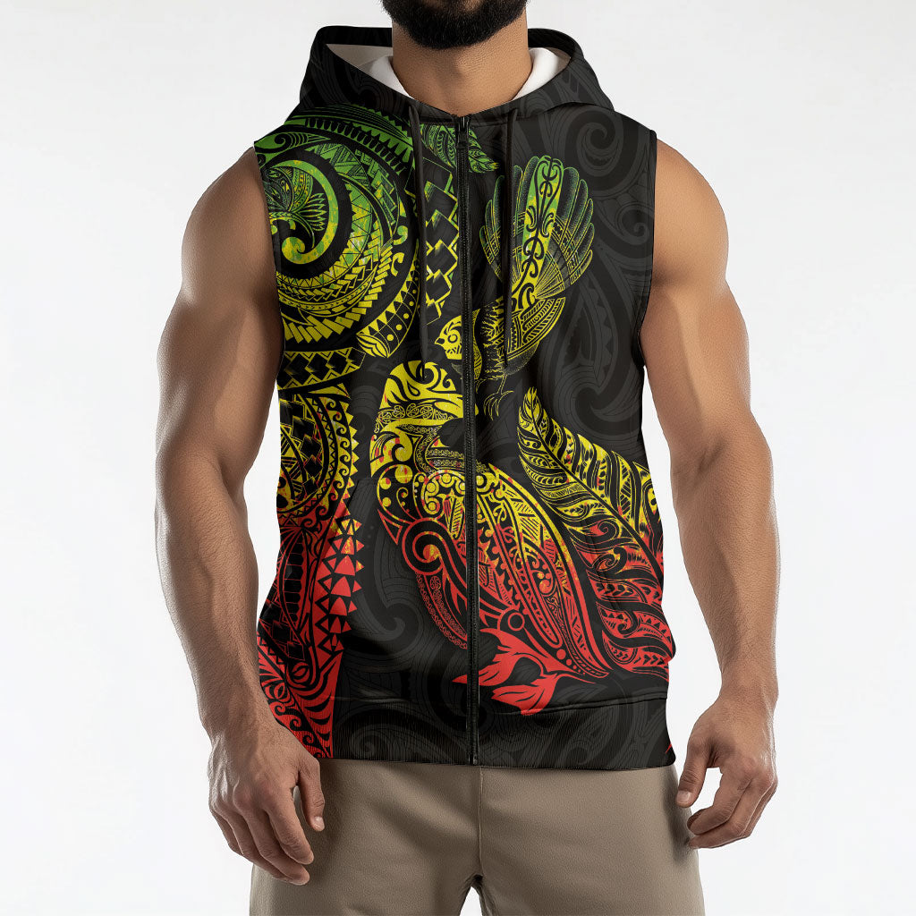 Aotearoa Moko Tribal Tattoo Sleeveless Zip Hoodie New Zealand Maori Penguin and Fantail Reggae Style LT03 - Polynesian Pride