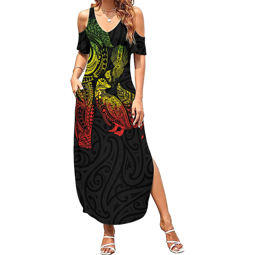 Aotearoa Moko Tribal Tattoo Summer Maxi Dress New Zealand Maori Penguin and Fantail Reggae Style LT03 Women Multicolor - Polynesian Pride