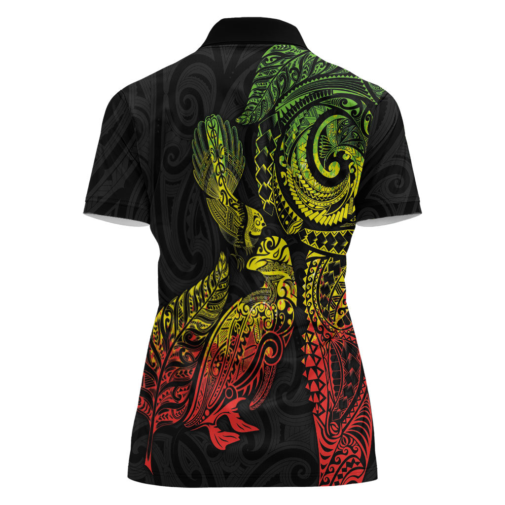 Aotearoa Moko Tribal Tattoo Women Polo Shirt New Zealand Maori Penguin and Fantail Reggae Style LT03 - Polynesian Pride