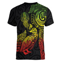 Aotearoa Moko Tribal Tattoo Women V-Neck T-Shirt New Zealand Maori Penguin and Fantail Reggae Style LT03 - Polynesian Pride