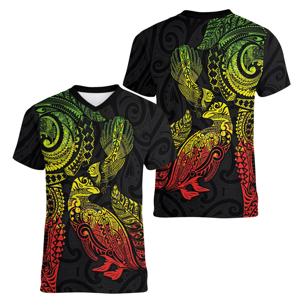 Aotearoa Moko Tribal Tattoo Women V-Neck T-Shirt New Zealand Maori Penguin and Fantail Reggae Style LT03 - Polynesian Pride