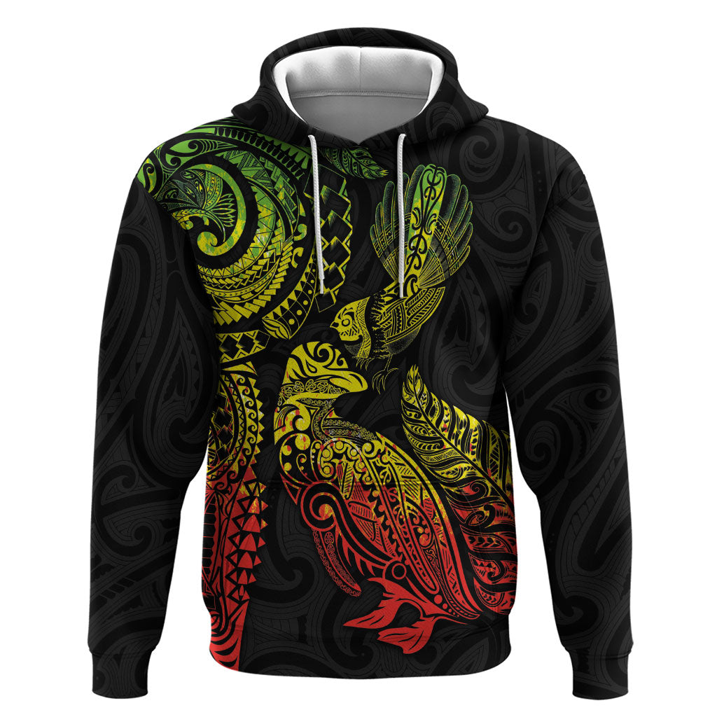 Aotearoa Moko Tribal Tattoo Zip Hoodie New Zealand Maori Penguin and Fantail Reggae Style LT03 Pullover Hoodie Multicolor - Polynesian Pride