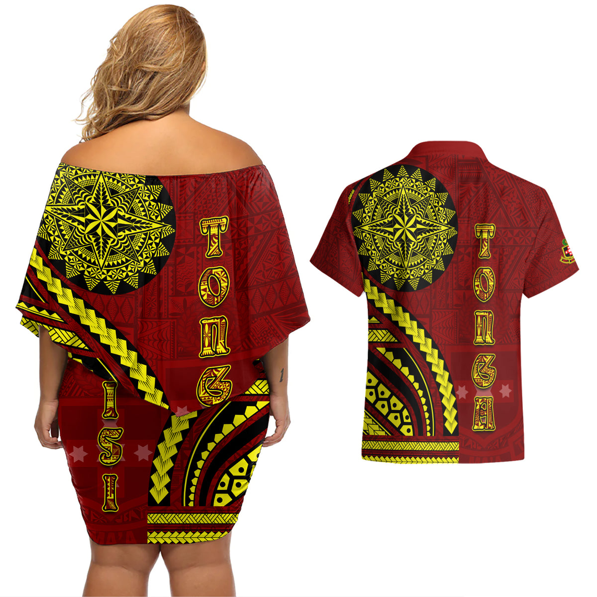 Kolisi Tonga Atele Couples Matching Off Shoulder Short Dress and Hawaiian Shirt Ngatu and Polynesian Pattern