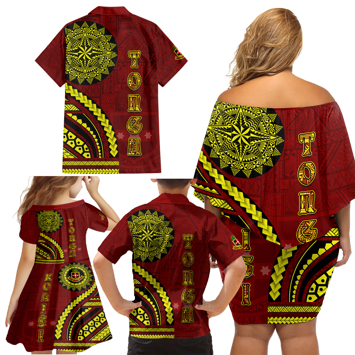 Kolisi Tonga Atele Family Matching Off Shoulder Short Dress and Hawaiian Shirt Ngatu and Polynesian Pattern