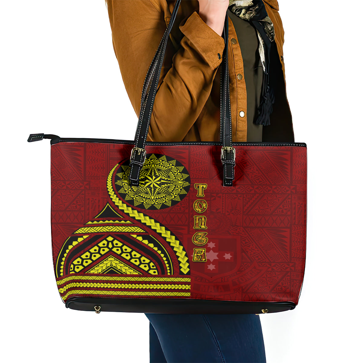 Kolisi Tonga Atele Leather Tote Bag Ngatu and Polynesian Pattern