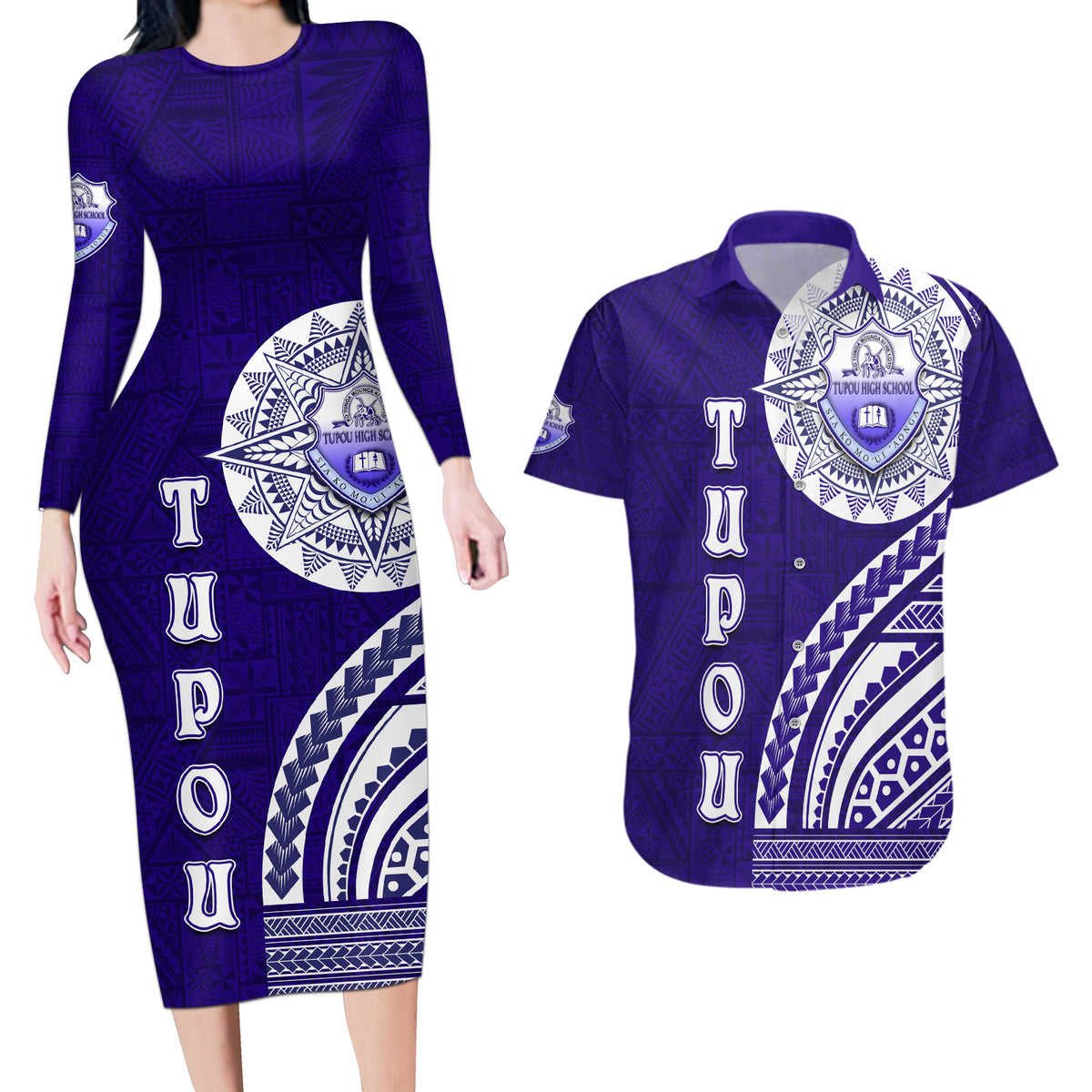 Tupou College Toloa Couples Matching Long Sleeve Bodycon Dress and Hawaiian Shirt Ngatu and Polynesian Pattern LT03 Blue - Polynesian Pride