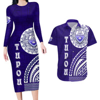 Tupou College Toloa Couples Matching Long Sleeve Bodycon Dress and Hawaiian Shirt Ngatu and Polynesian Pattern LT03 Blue - Polynesian Pride