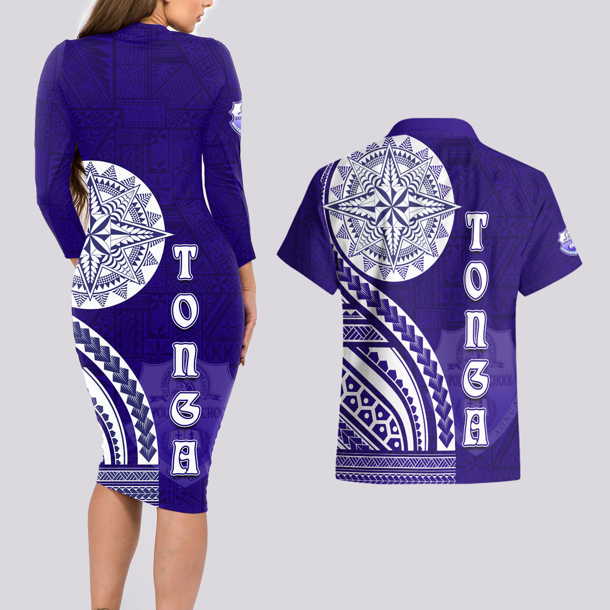 Tupou College Toloa Couples Matching Long Sleeve Bodycon Dress and Hawaiian Shirt Ngatu and Polynesian Pattern LT03 - Polynesian Pride