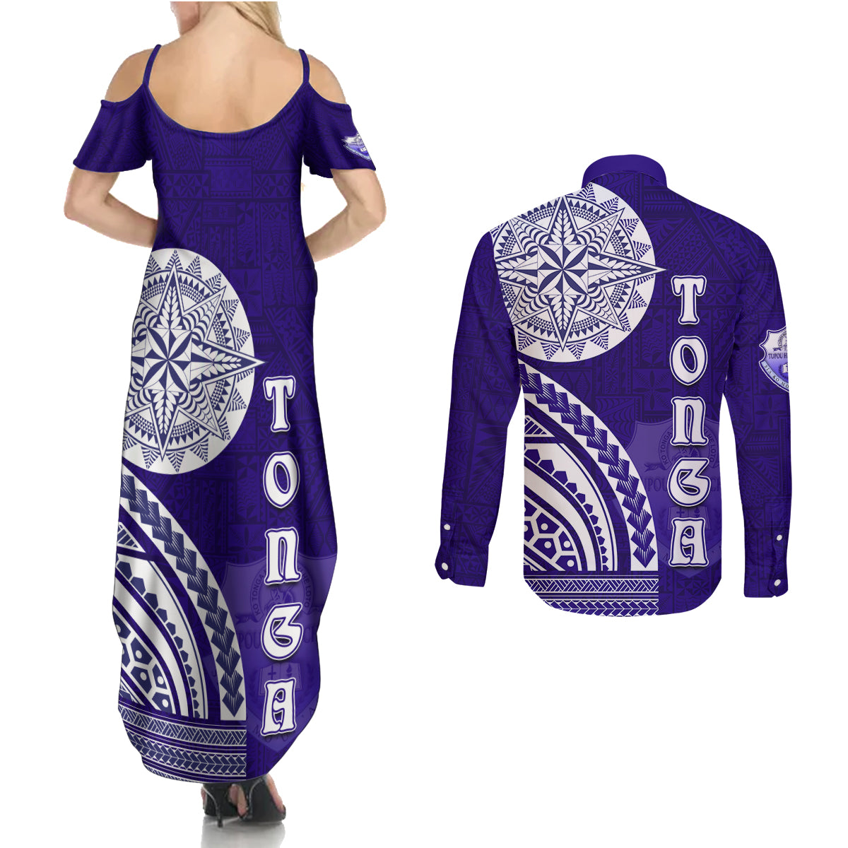 Tupou College Toloa Couples Matching Summer Maxi Dress and Long Sleeve Button Shirt Ngatu and Polynesian Pattern