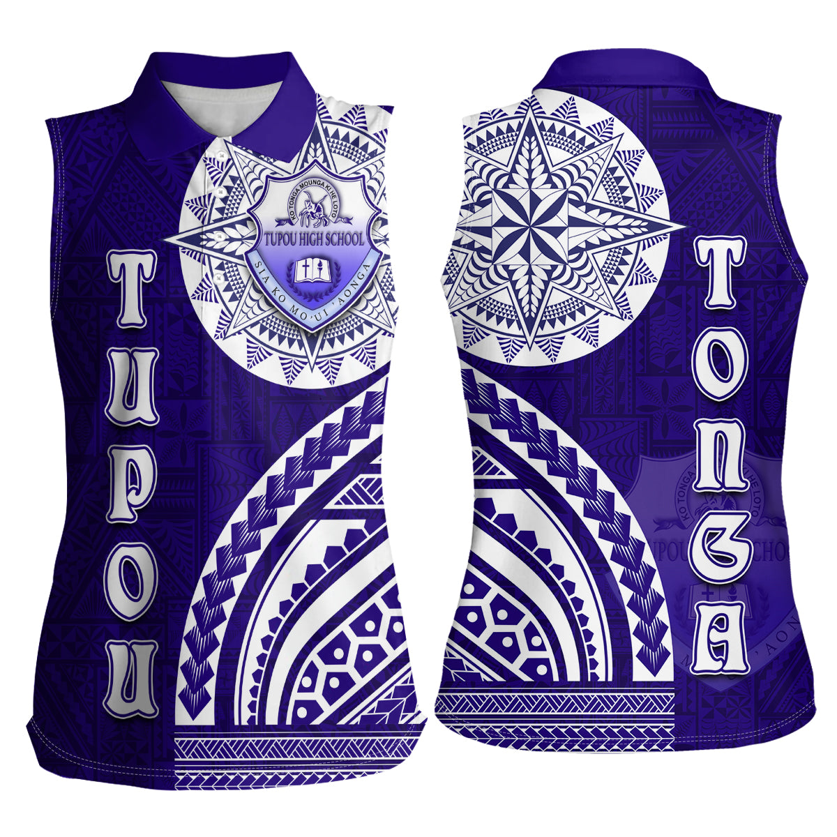 Tupou College Toloa Women Sleeveless Polo Shirt Ngatu and Polynesian Pattern