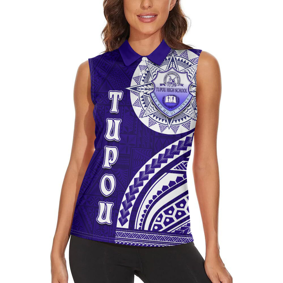 Tupou College Toloa Women Sleeveless Polo Shirt Ngatu and Polynesian Pattern