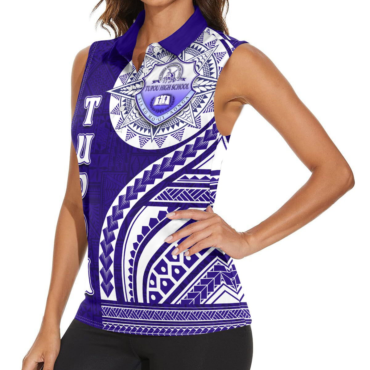 Tupou College Toloa Women Sleeveless Polo Shirt Ngatu and Polynesian Pattern