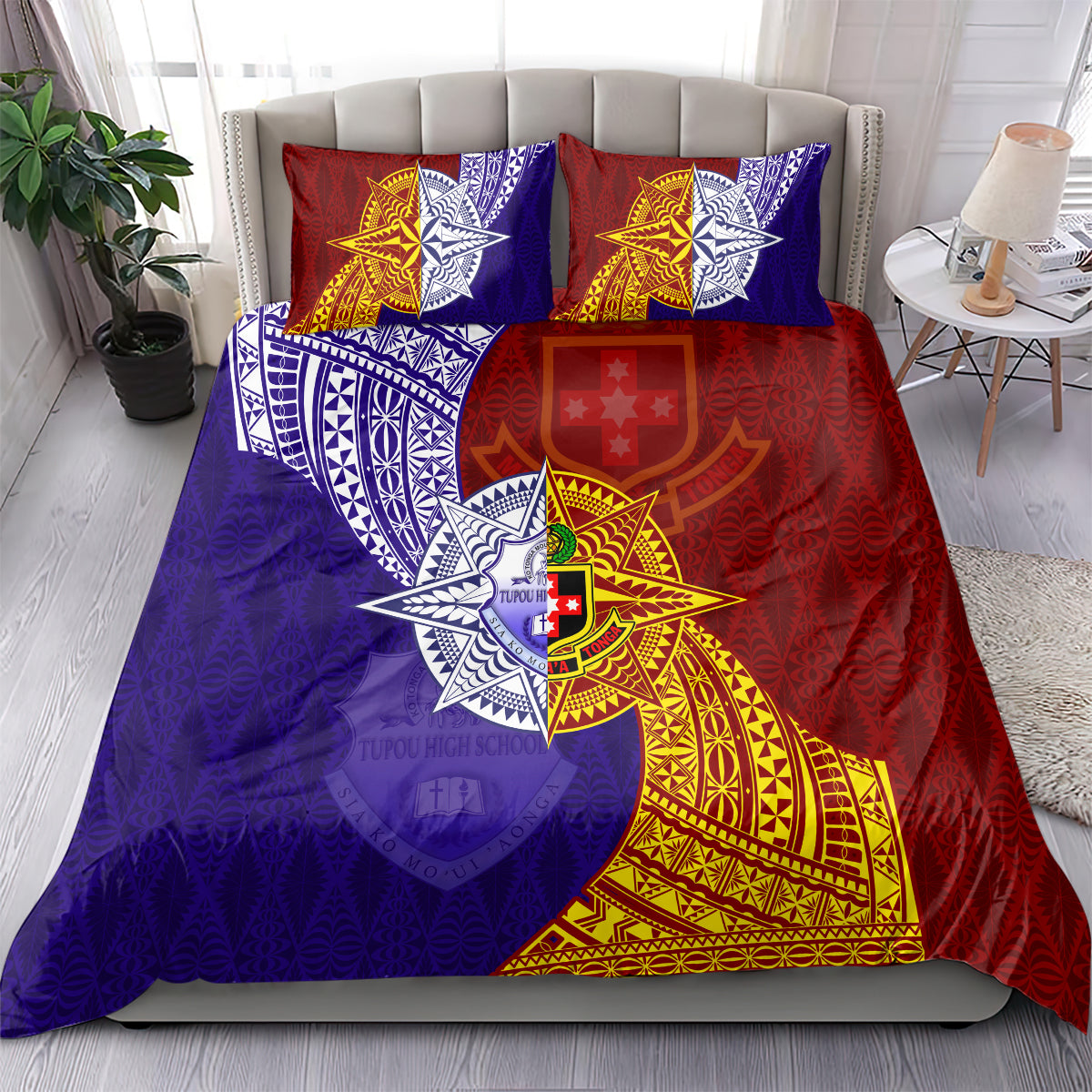 Kolisi Tonga Atele and Tupou College Toloa Bedding Set Ngatu and Polynesian Spiral Pattern