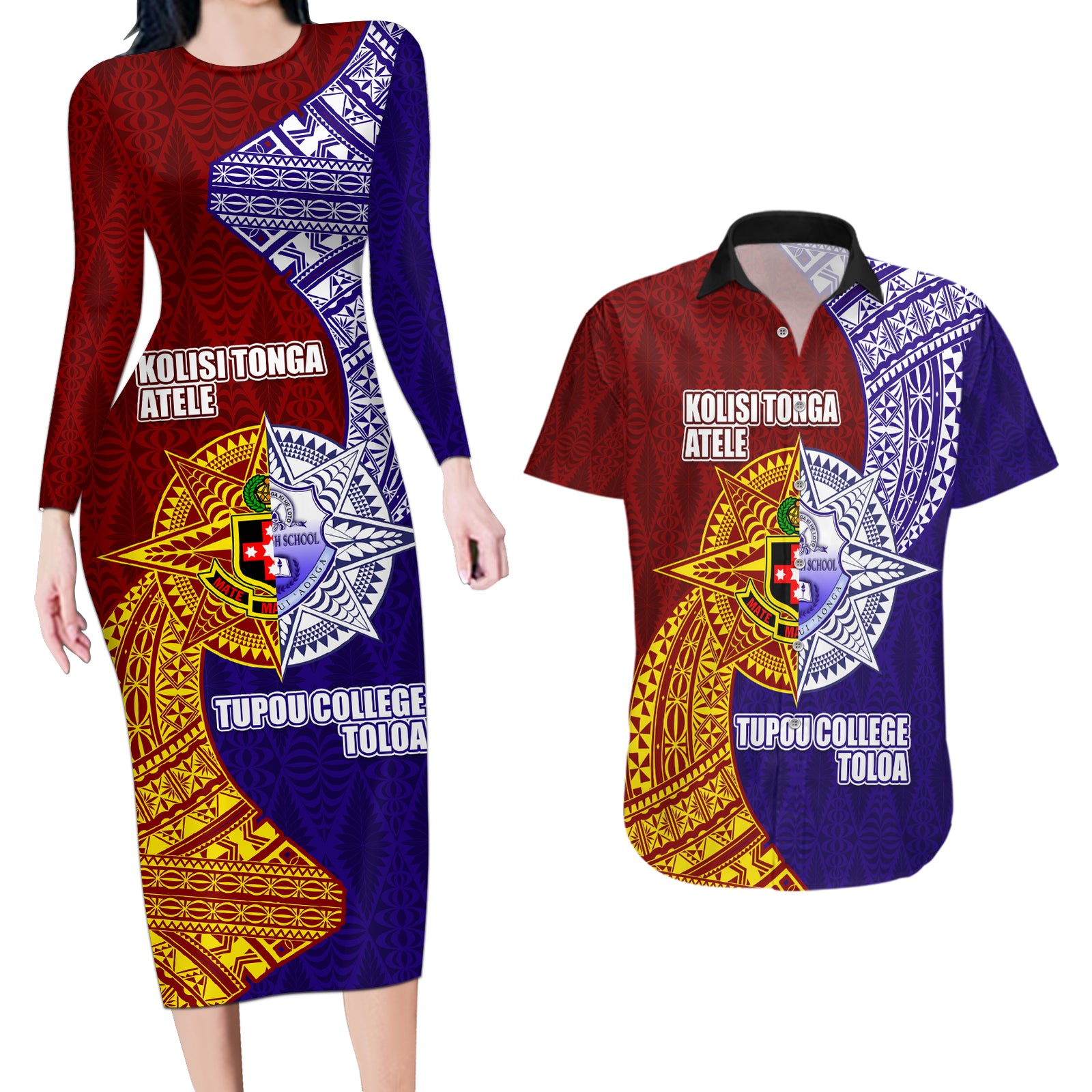 Kolisi Tonga Atele and Tupou College Toloa Couples Matching Long Sleeve Bodycon Dress and Hawaiian Shirt Ngatu and Polynesian Spiral Pattern