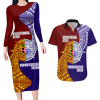 Kolisi Tonga Atele and Tupou College Toloa Couples Matching Long Sleeve Bodycon Dress and Hawaiian Shirt Ngatu and Polynesian Spiral Pattern LT03 Red - Polynesian Pride