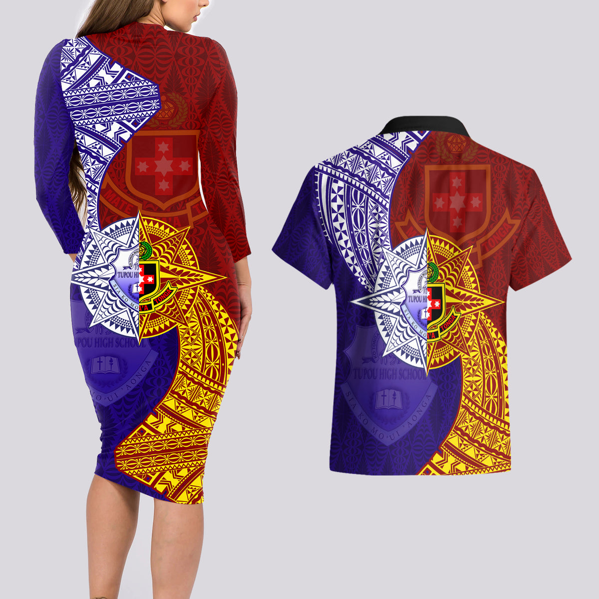 Kolisi Tonga Atele and Tupou College Toloa Couples Matching Long Sleeve Bodycon Dress and Hawaiian Shirt Ngatu and Polynesian Spiral Pattern LT03 - Polynesian Pride