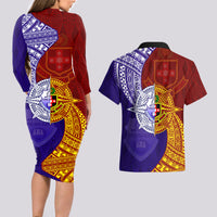 Kolisi Tonga Atele and Tupou College Toloa Couples Matching Long Sleeve Bodycon Dress and Hawaiian Shirt Ngatu and Polynesian Spiral Pattern LT03 - Polynesian Pride
