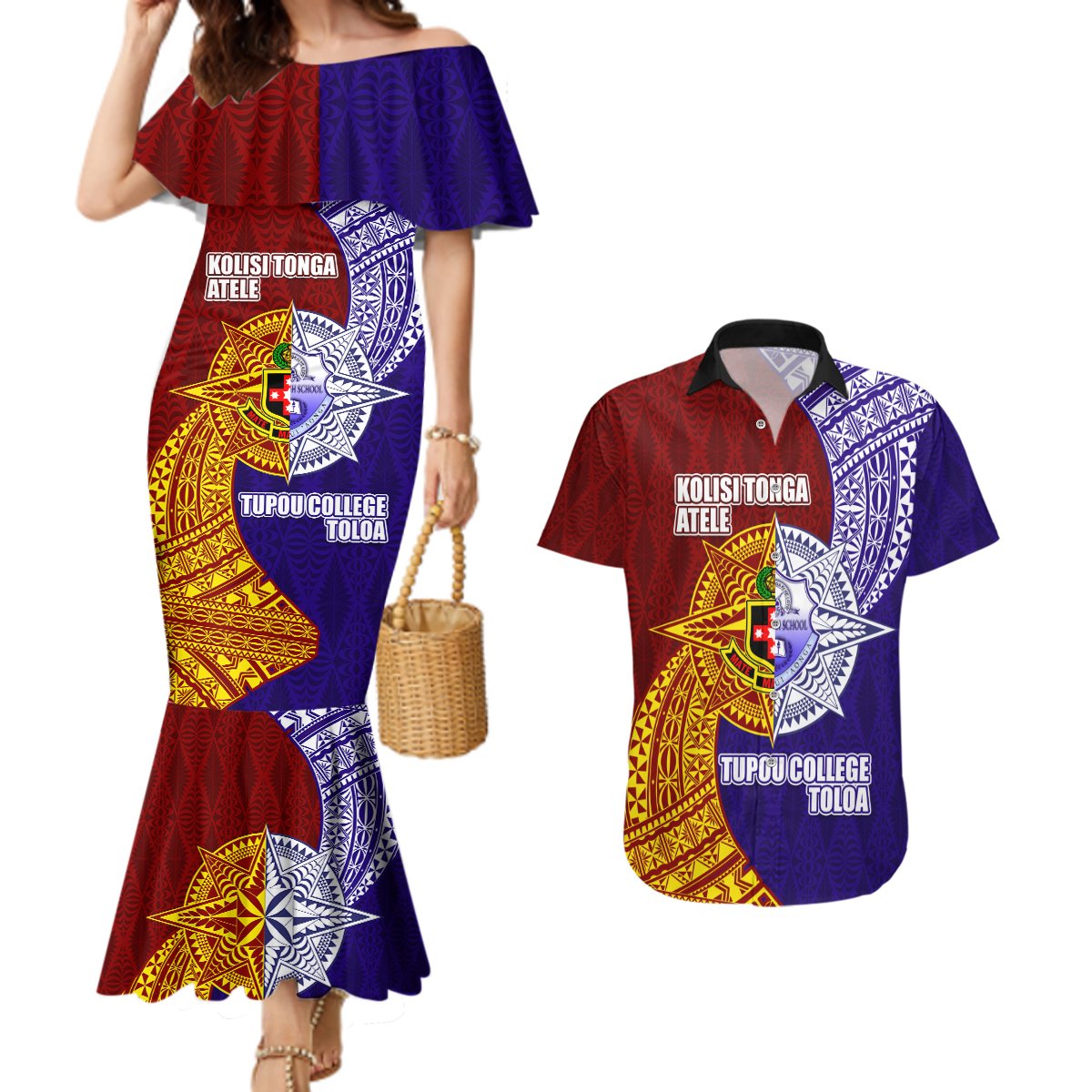 Kolisi Tonga Atele and Tupou College Toloa Couples Matching Mermaid Dress and Hawaiian Shirt Ngatu and Polynesian Spiral Pattern LT03 Red - Polynesian Pride