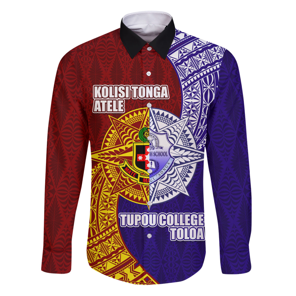 Kolisi Tonga Atele and Tupou College Toloa Family Matching Puletasi and Hawaiian Shirt Ngatu and Polynesian Spiral Pattern LT03 Dad's Shirt - Long Sleeve Red - Polynesian Pride