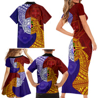 Kolisi Tonga Atele and Tupou College Toloa Family Matching Short Sleeve Bodycon Dress and Hawaiian Shirt Ngatu and Polynesian Spiral Pattern