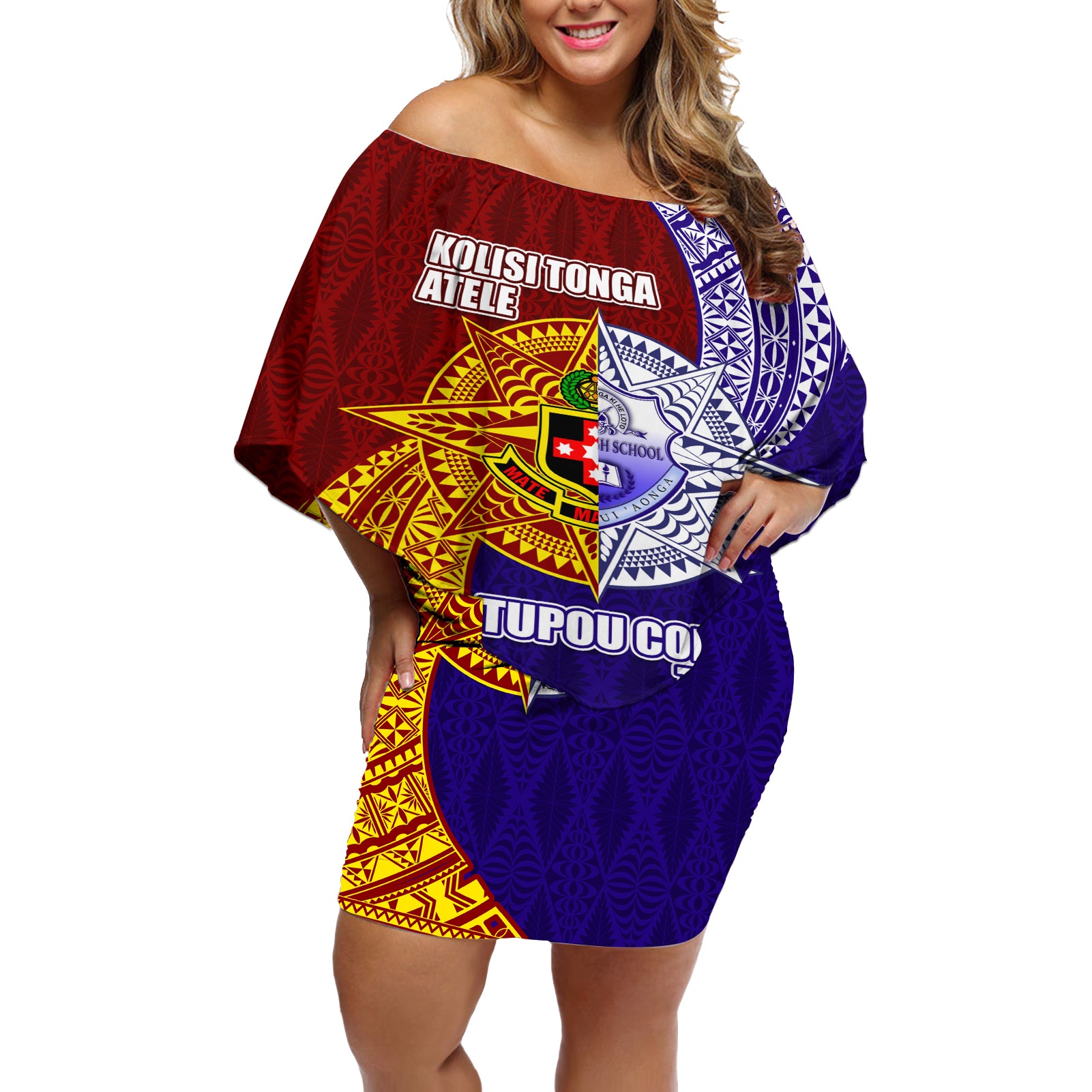 Kolisi Tonga Atele and Tupou College Toloa Off Shoulder Short Dress Ngatu and Polynesian Spiral Pattern