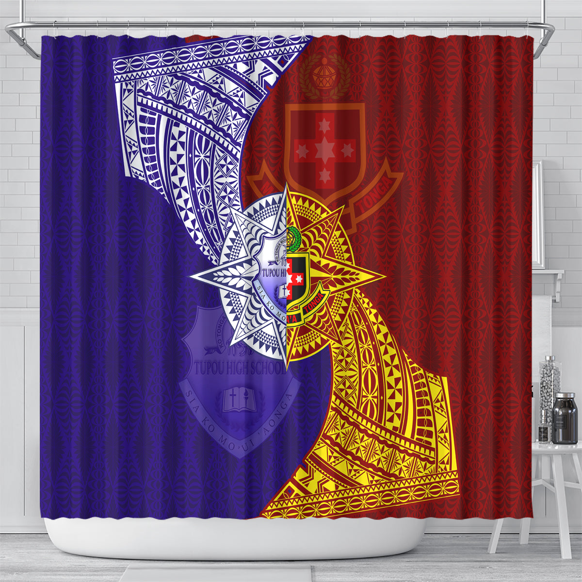 Kolisi Tonga Atele and Tupou College Toloa Shower Curtain Ngatu and Polynesian Spiral Pattern