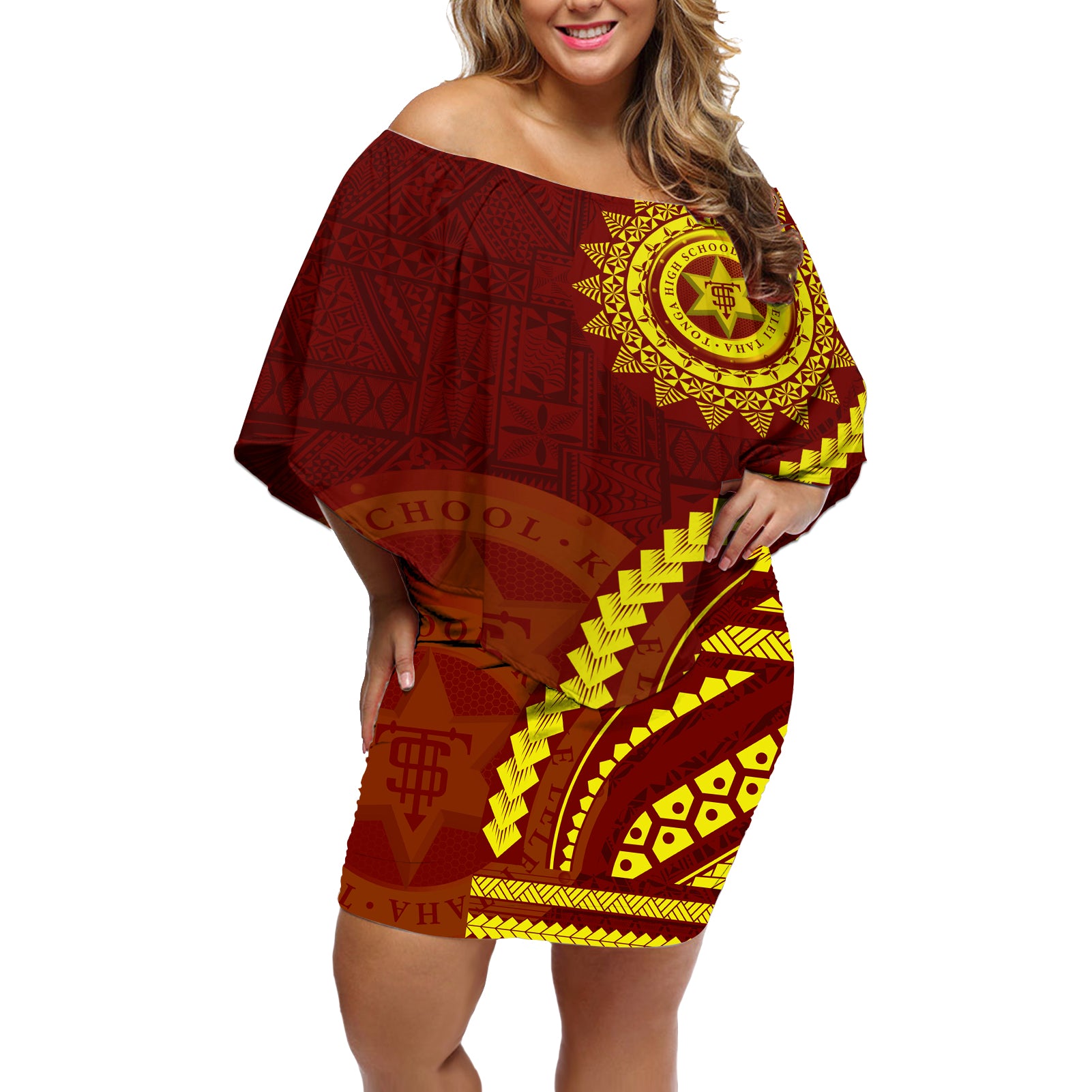 Tonga High School Off Shoulder Short Dress Ngatu and Polynesian Pattern