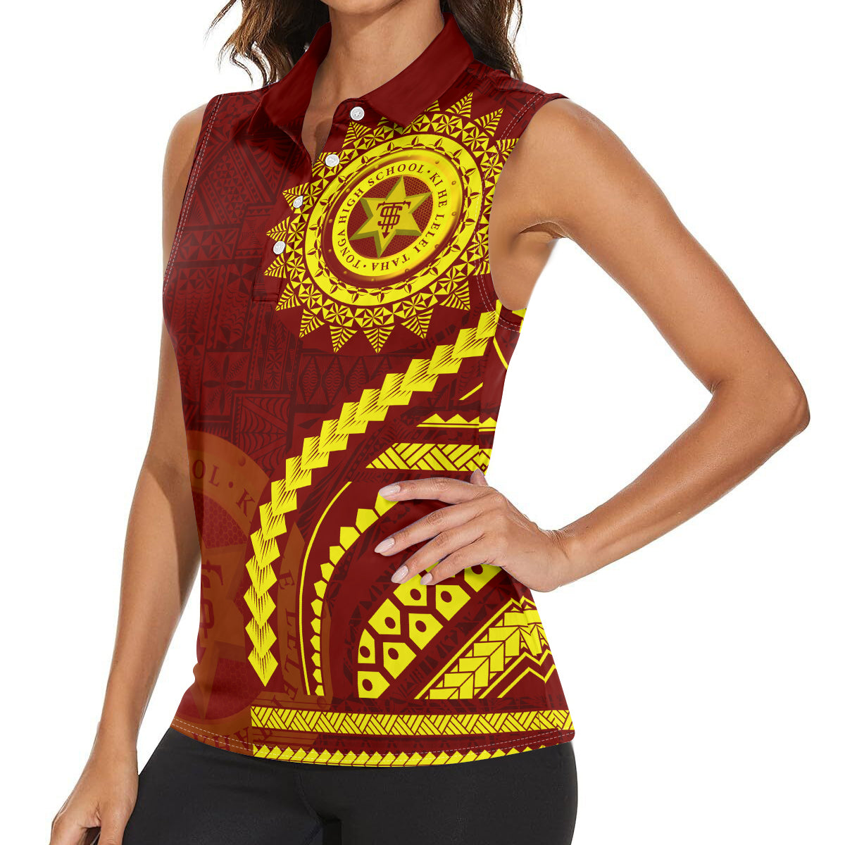 Tonga High School Women Sleeveless Polo Shirt Ngatu and Polynesian Pattern